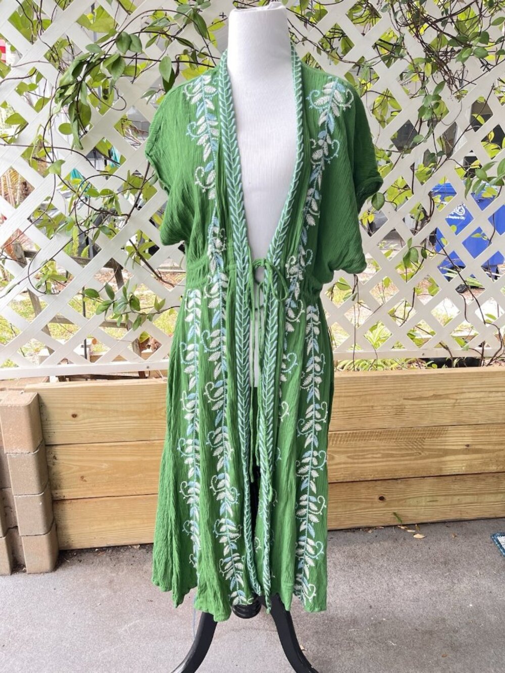 Curations Green Gauze Duster Coverup Boho Dress Embroidered Green Sz PL